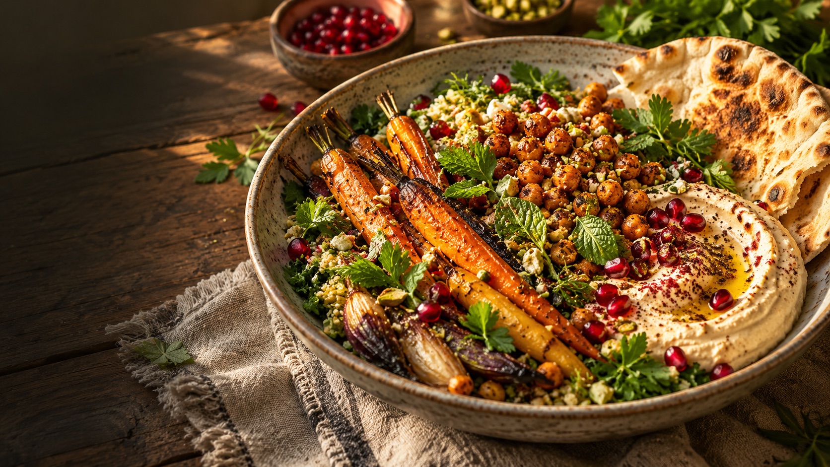 Geröstetes Gemüse mit Hummus und Fladenbrot